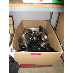 Large box of used pots & pans