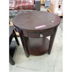 NEW - Round wood end table with drawer & shelf