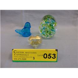 3 Art glass paperweights - 2 are signed