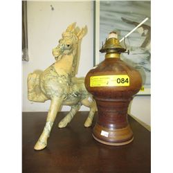 Hand potted oil lamp & resin horse statue