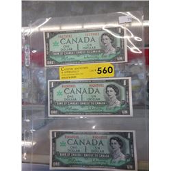 3 Canadian 1967 $1 bills