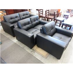 NEW - 3 Piece Living Room Set - Black Faux Leather