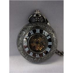 New 2-Sided skeleton pocket watch with chain