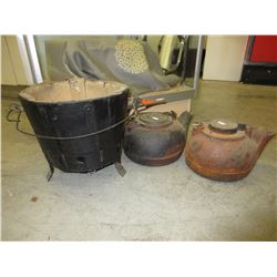 2 Vintage Cast Iron tea kettles & coal bucket