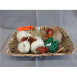 Birch Bark basket containing 2 First Nations dolls
