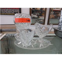 Crystal creamer, sugar, rose bowl & tray