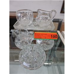 Crystal creamers, sugars, frog & tray