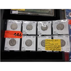 8 Canadian Silver quarters - 1910 to 1943