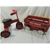 Image 1 : LOT 2 SMALL WOODEN RED WAGON & TRICYCLE