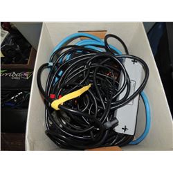 BOX LOT ELECTRIC CABLES, POWER STRIPS, CORDS