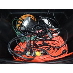 BOX LOT ELECTRIC CABLES, POWER STRIPS, CORDS
