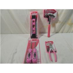 LOT 4 PINK LADIES TOOLS: PLIERS, HAMMER, LEVEL, SR
