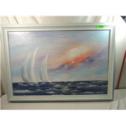 LARGE SIGNED SAILING AT SUNSET PAINTING