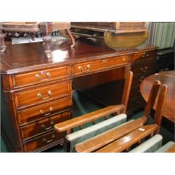 Large reproduction pedestal partners desk, 46x74" inlaid with boxwood, cantored corners on ogee f…