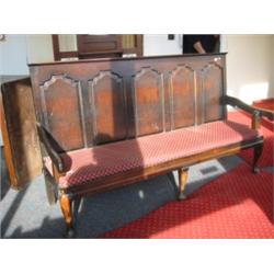 Antique five legged settle with five fielded panels, approx 6ft long…