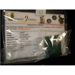 MUSEUM SIZE PRECIOUS GEM - 91CT PRINCESS CUT EMERALD - WITH AUTHENTICITY CERTIFICATE
