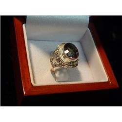 RING - EMERALD CUT MYSTIC TOPAZ SET IN STERLING SILVER