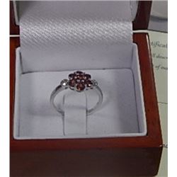 RING - STERLING SILVER GARNET & DIAMOND CLUSTER RING - 8 DIAMONDS - INCLUDES CERTIFICATE - $550