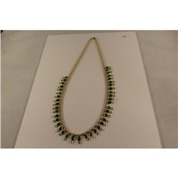 14KT YELLOW GOLD NATURAL EMERALD & WHITE SAPPHIRE NECKLACE SET WITH 40 OVAL MIXED CUT NATURAL