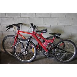 2 BIKES: RED NO NAME FULL SUSPENSION & RED ACENTE MOUNTAIN BIKE