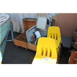 ASSORTED PLASTIC CHAIRS AND TWO WOODEN BINS