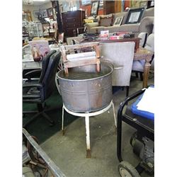 VINTAGE  BEATY WASHING COPPER  BASIN ON METAL STND - 1920'S? - WITH LATE 1800'S WOOD WRINGER - NO AG