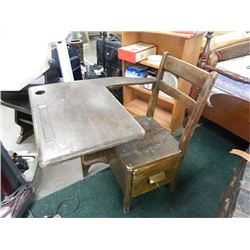 VINTAGE SCHOOL DESK WITH ATTACHED CHAIR AND STORAGE