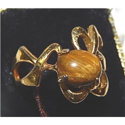 RING - 18KT H.G.E & STERLING SILVER - WITH TIGER EYE - (HGE means "HEAVY GOLD ELECTROPLATE")