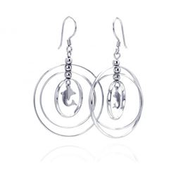 Sterling Silver Rhodium Overlay Open Graduated Cirlce Center Dolphin Dangling Hook Earrings - WSP-ds