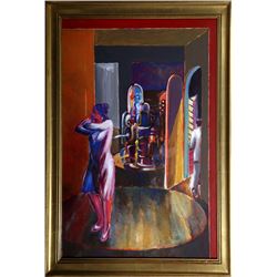 Benjamin Silva, Woman and Machine, Gouache Painting