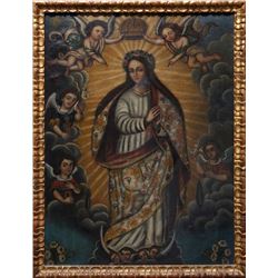 Pre-20th Century Mexican Madonna with Angels, Oil Painting