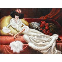 Leandro Velasco, Reclining Woman in Fur Housecoat, Oil Painting