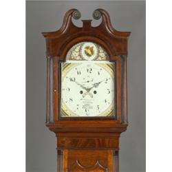 George III oak and mahogany crossbanded longcase clock, the hood with swan neck pediment and with...