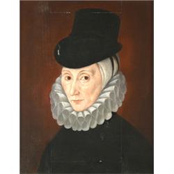 Early 18th Century oil on panel - Portrait of a lady wearing a black hat and white ruff, verso in...