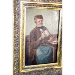 J. Dielmann - 19th Century oil on panel - Portrait of an Inn keeper wearing brown jacket and blue...