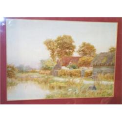 Curtius Duassut - Watercolour - Rural landscape with figure standing beside a cottage, ducks and...