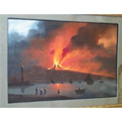 I. Ducat - 19th Century gouache - The Bay of Naples at night, with Vesuvius erupting, verso inscr...