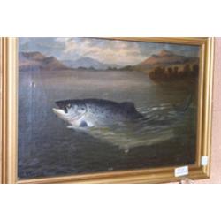 A. Roland Knight - Oil on canvas - River landscape with salmon, signed, 30cm x 45cm Est.: £200 -...
