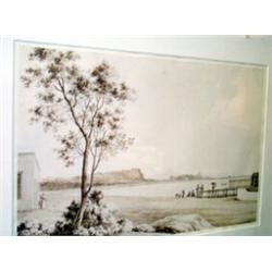 19th Century pencil and wash drawing - Colonial landscape with figures in foreground, unsigned, 2...
