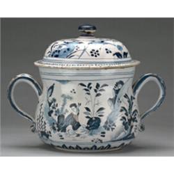 17th Century Bristol Delft posset pot with domed cover decorated with chinoiserie style figures i...