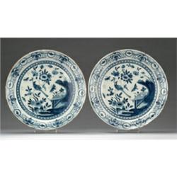 Pair of mid 18th Century Bristol Delft chargers with chinoiserie style decoration of birds and fl...