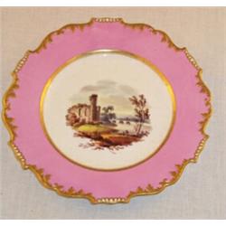 Set of six Daniel porcelain dessert plates with Shrewsbury pattern decoration within gilded pink...