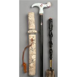 19th Century Meissen porcelain Tau staff with mask head finial of a periwigged gentleman with ebo...
