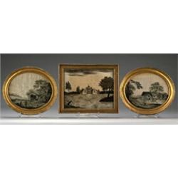 Pair of 19th Century oval monochrome embroidered pictures depicting harvesters and other farmwork...