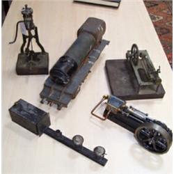Unfinished scratch built model steam locomotive together with three various unfinished model stat...