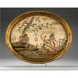 Early 19th Century oval needlework panel depicting a romantic shepherd and shepherdess with a she...