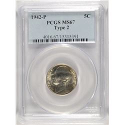 1942-P TYPE 2 SILVER JEFFERSON NICKEL PCGS MS-67