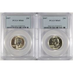 2 1957 WASHINGTON QUARTERS PCGS MS-65 & 66