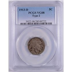 1913-D TYPE-2 BUFFALO NICKEL, PCGS VG-8