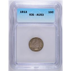 1913 BARBER DIME, ICG AU-53 NICE!!